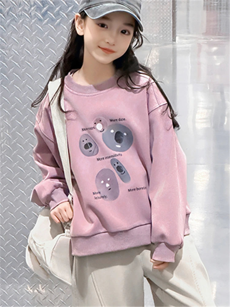 Fashion Cartoon Print Children's Sweatshirt For Teenage Girls Spring and Autumn Round Neck Sweatershirt Outfit Kids 5-14 Years