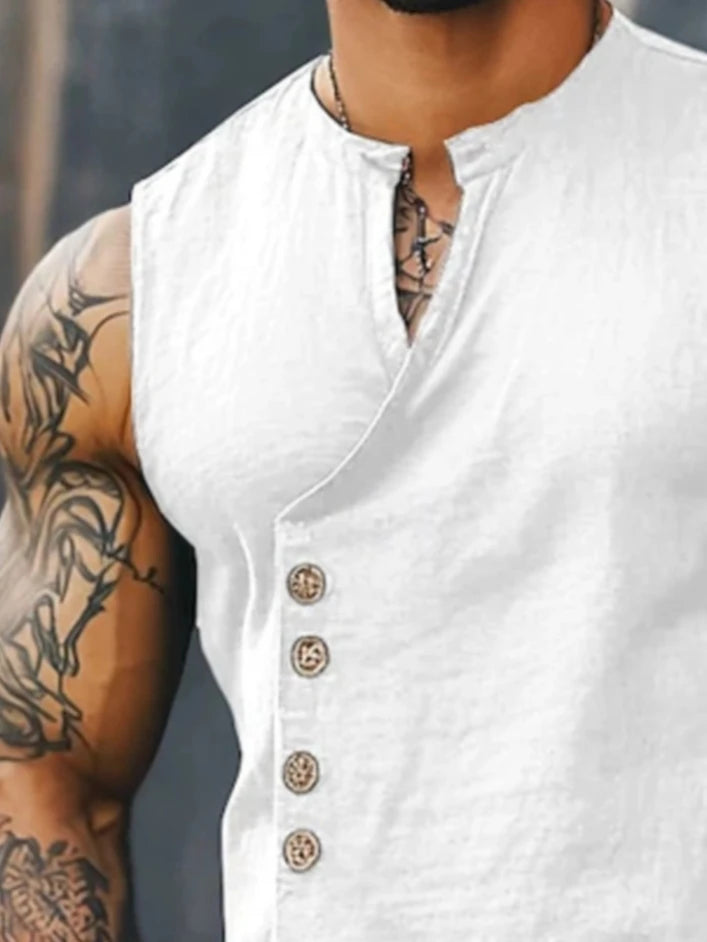 Mens Beach Vacation Linen Look 2 Piece Set, Sleeveless Stand Collar Vest & Side Button Wide Leg Trousers, Breathable Casual Summ