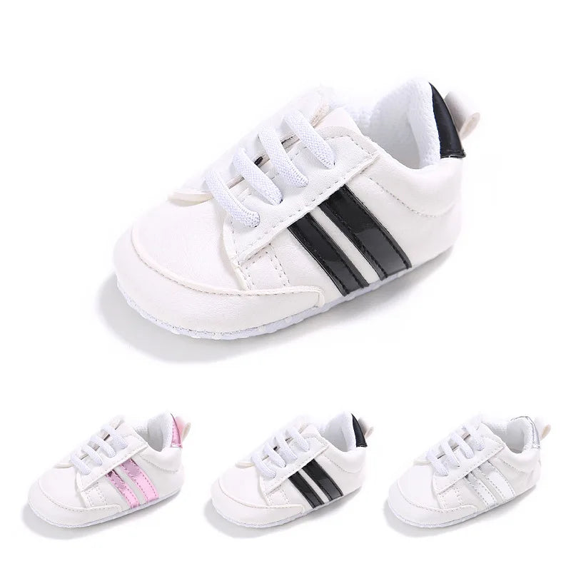 Newborn Baby Boys Shoes for 1 Year Footwear with Striped Infant Casual PU Leather Toddler Soft Sole Girls Sneakers First Walkers