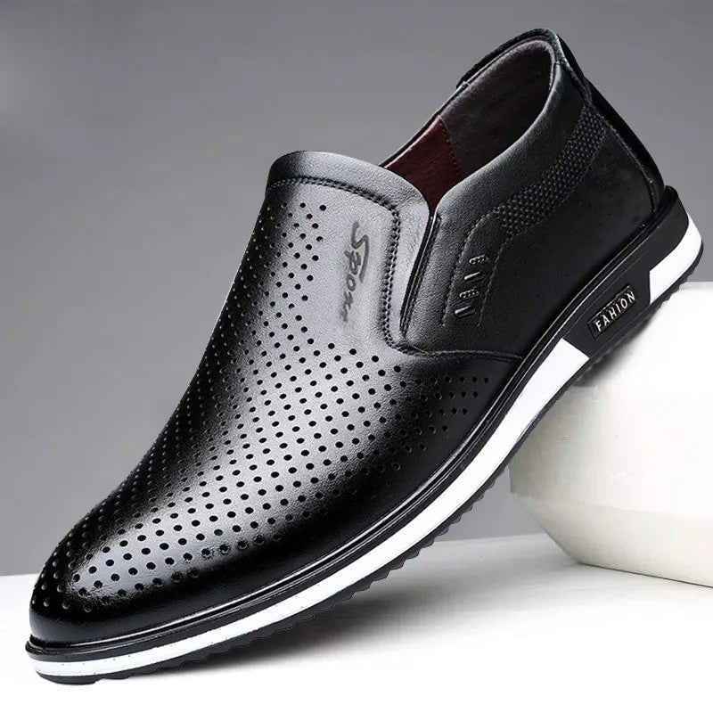 White Leather Shoes for Men in The Summer of 2025new Breathable Hollowed Dress Shoes Men Men Driving Shoes British Leather Shoe