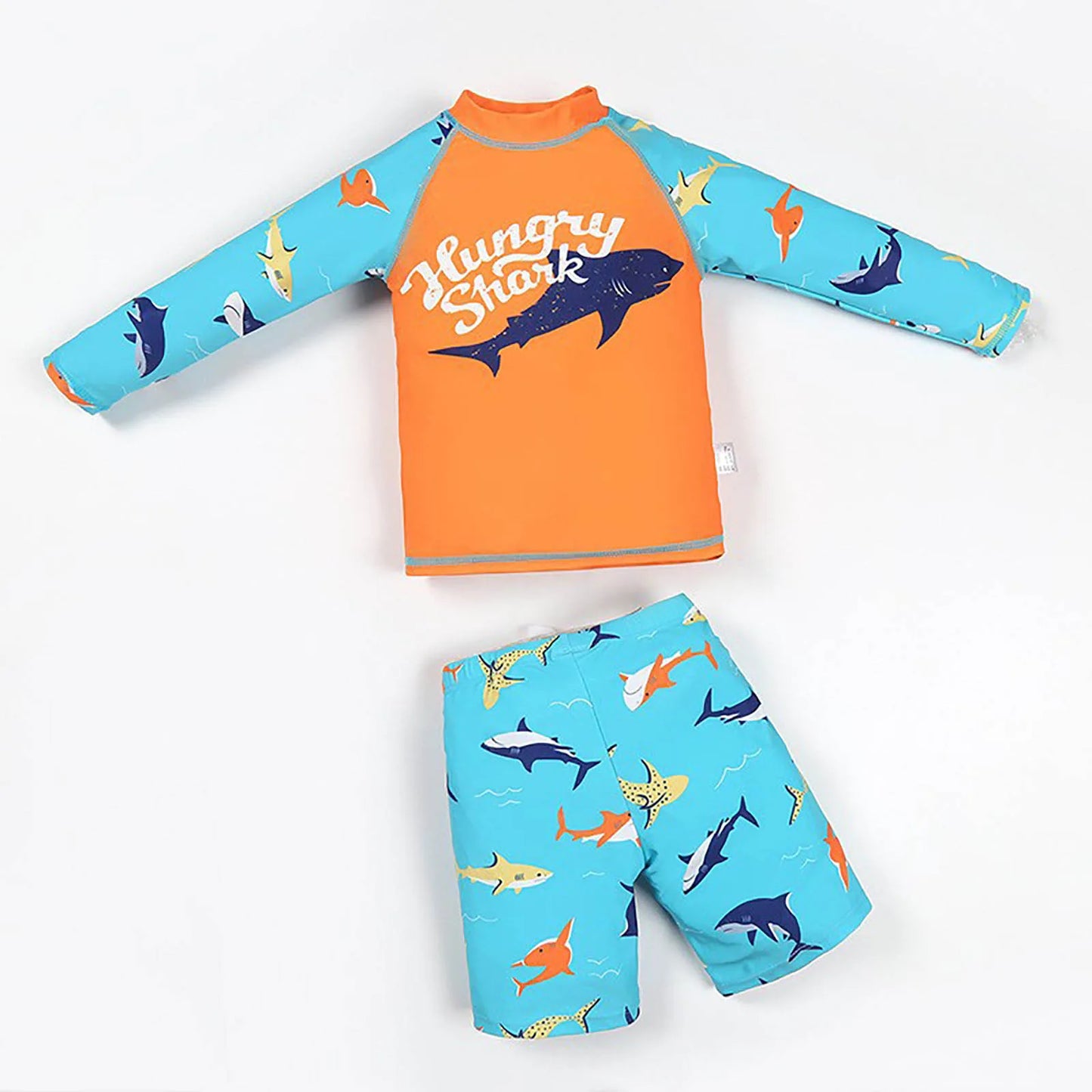 New Boys 3 Pieces Shark-patterned Swimwear Set Long Sleeve Top with Shorts Sunshade Cap Quick-dry Swimsuit Summer Bathing Suit