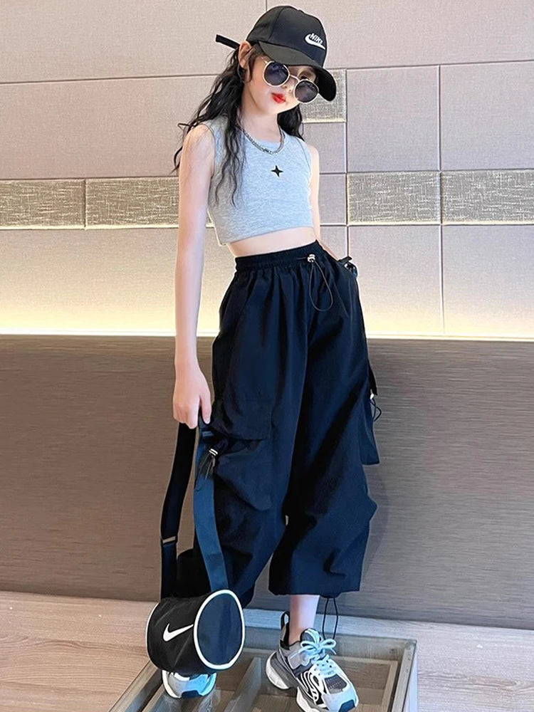 Girls Dance Pants Kids Hip Hop Joggers Pant Straight Trousers High Waist Vintage Casual Teenage Streetwear Baggy Pant 5-14 Years
