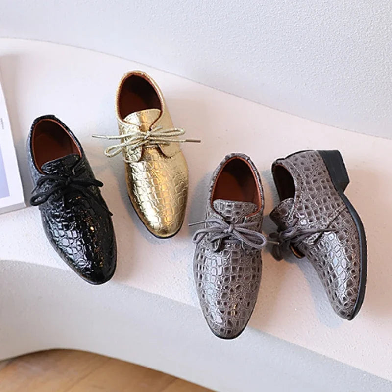 Boys Leather Shoes Pointed Toe Children Performance Shoes Low Heels British Style School Kids Shoes Gold Lace Up Casual Loafers