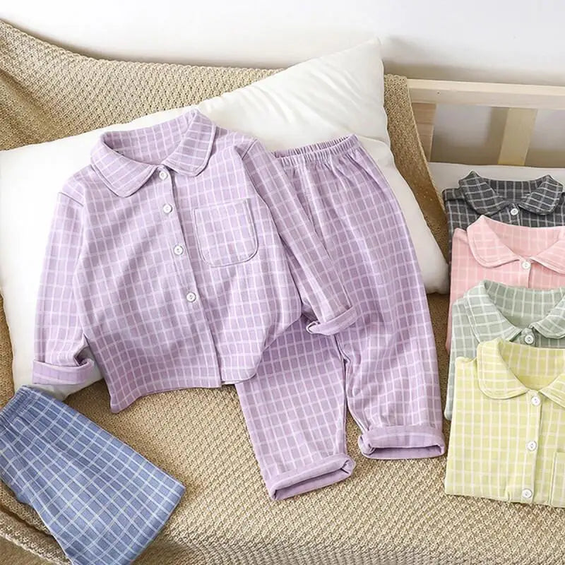 Boys and Girls children's Pajama Set autumn winter Korean Style Plaid Cardigan Lapel long-sleeved PJs Set Loungewear Two-piece