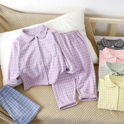 Boys and Girls children's Pajama Set autumn winter Korean Style Plaid Cardigan Lapel long-sleeved PJs Set Loungewear Two-piece