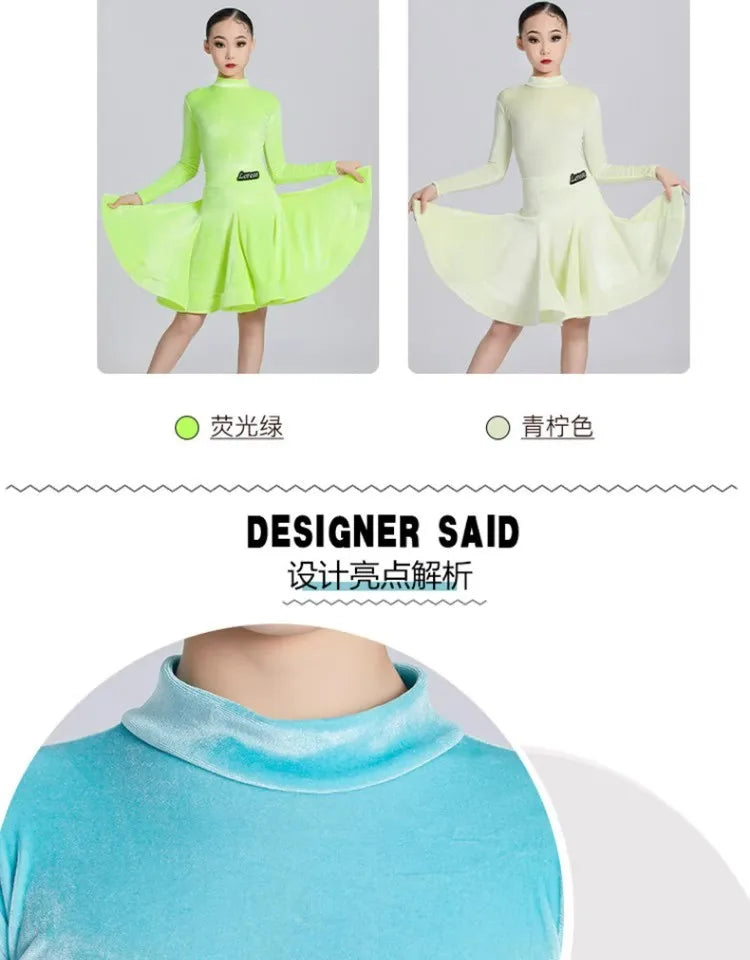 Girls' Latin Dance Dress Autumn/Winter Long Sleeve Professional Practice Dress Velvet Split Set Dance Performance Dress
