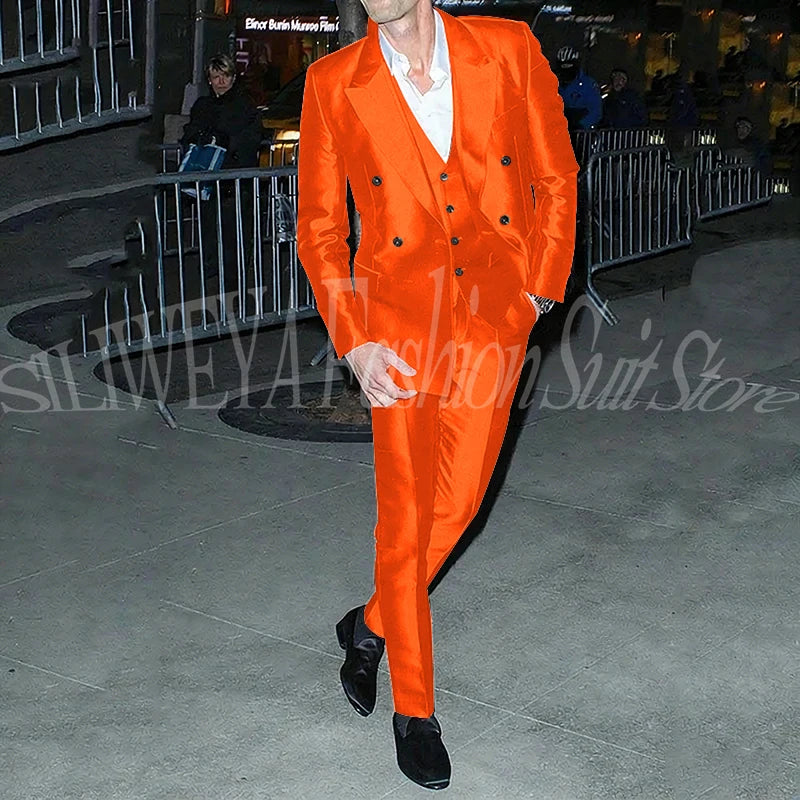 Men's 3 Piece Suit Sets Luxury Red Satin Men Notch Lapel Double-Breasted Suit Blazer+Vest+Pants Customed for Business & Weddings