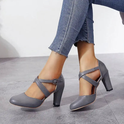 Women High Heels Shoes 2023 Autumn New Round Toe Chunky Heel Casual Platform Women's Shoes Female Belt Buckle