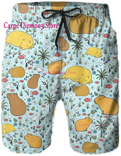 Men Summer Casual Beach Shorts Capybaras For Men Quick Dry Mens Drawstring Waist Surf Swimming Shorts