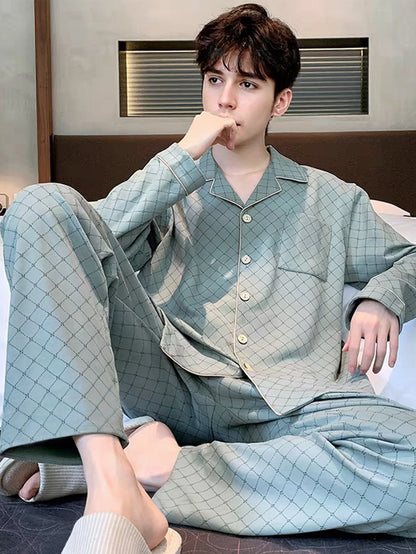 New Men's Pajamas Spring and Autumn Set, Can Be Worn Outside, Cardigan Loungewear, Casual Long-Sleeved, Large Size, Loose Fit, Autumn and Winter