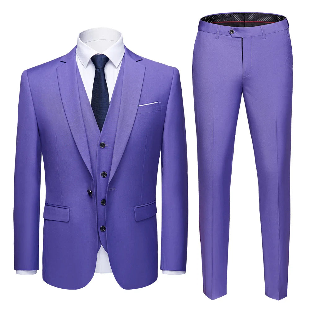 Man Suit Set Simple Solid Color Long Sleeve Male Outfit Single-breasted Slim Business Wedding Versatile Men Three-piece Suits