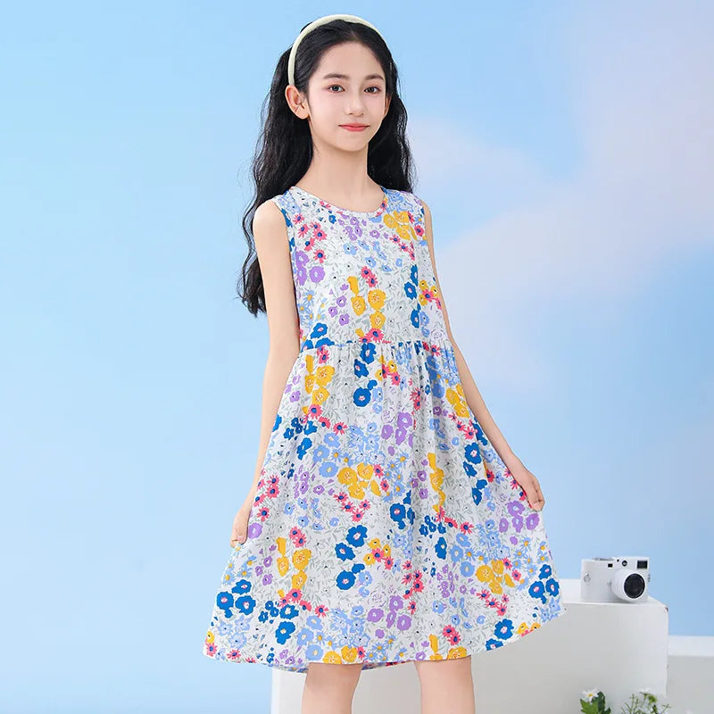 Summer Sleeveless Teen Girls Beach Dresses Children's Clothing Vestido para niña de 8 a 10 años Princess Rainbow Flower Dresses