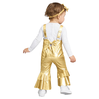 Baby Girls Clothes Birthday Party Metallic Bell Bottoms Romper Djustable Straps Bow Overalls with Headwear Photo Shoot Outfit