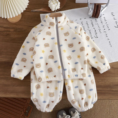 Baby Girl clothes new plush thickened two-piece set of fleece cartoon casual home clothes children's tops and bottom sets