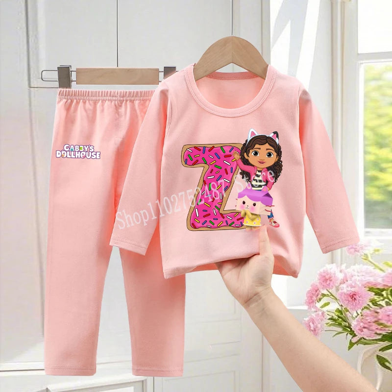 Gabby Dollhouses Pajamas Pants Set Girls Cute Letter A-Z Nightwear Trousers Kids Winter Home Clothes Children Long Sleeves Gift