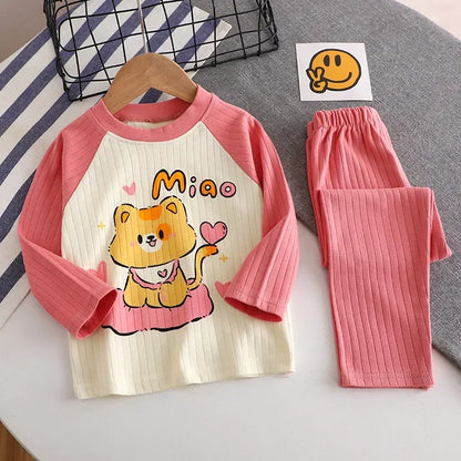 New Baby Boys Girls Warm Pajamas Kids Cute Cartoon Animal O-neck T-Shirt Tops + Pants Pyjamas Autumn Underwear Clothing Sets