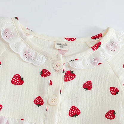 Baby Girl Cotton Sleepwear Infant Toddler Lace Strawberry Print Pajamas Set Homesuit Spring Autumn Nightwear Baby Clothes 1-7Y