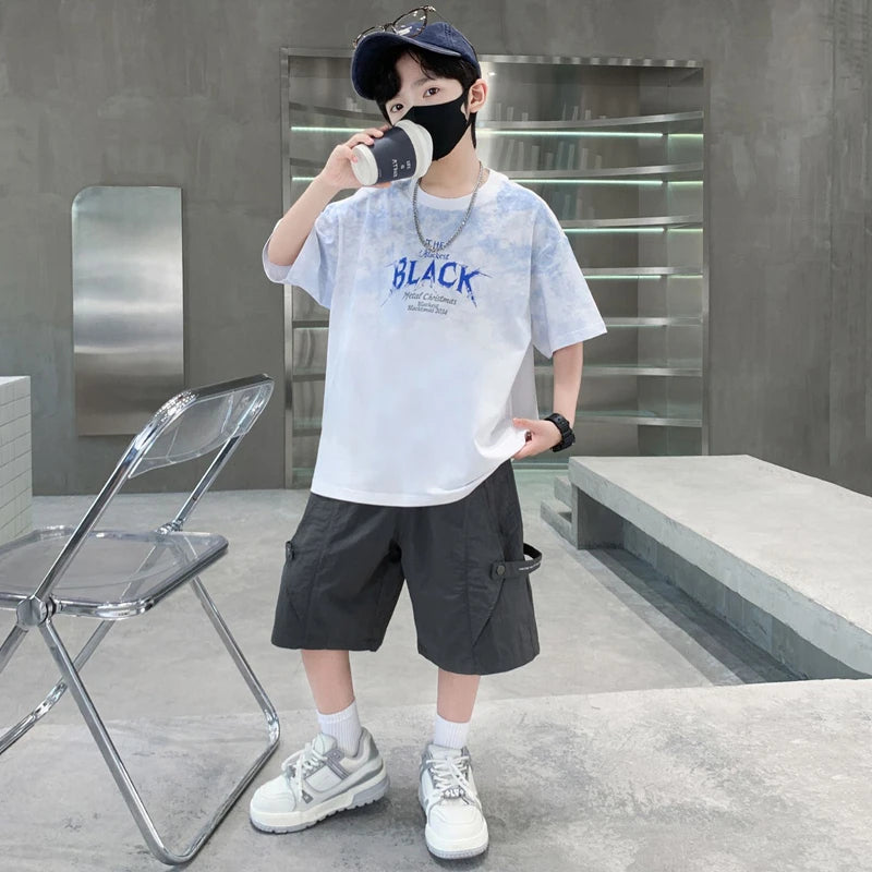 Teen Boys 2 Piece Summer Outfit Tie Dye Crewneck T-Shirt and Casual Cargo Shorts Set Big Kids Fashion Daily Street Outings Wear