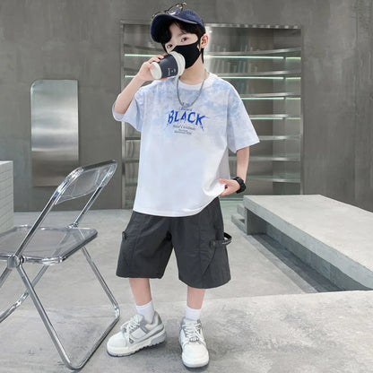 Teen Boys 2 Piece Summer Outfit Tie Dye Crewneck T-Shirt and Casual Cargo Shorts Set Big Kids Fashion Daily Street Outings Wear