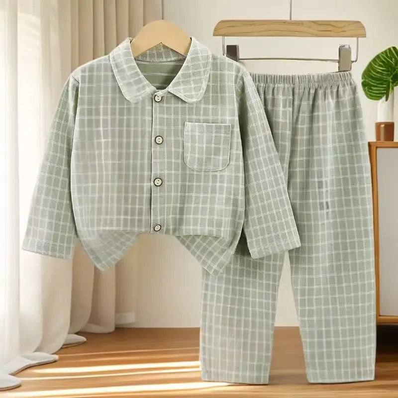 Boys and Girls children's Pajama Set autumn winter Korean Style Plaid Cardigan Lapel long-sleeved PJs Set Loungewear Two-piece