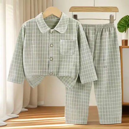 Boys and Girls children's Pajama Set autumn winter Korean Style Plaid Cardigan Lapel long-sleeved PJs Set Loungewear Two-piece