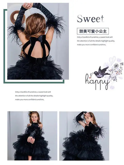 Girls Pageant Dress High Neck Halter Feather Sleeves Tiered Tulle Gown Formal Party Wedding Flower Girl Birthday Costume