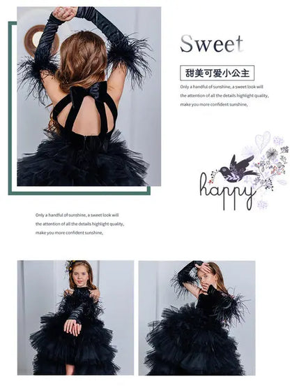 Girls Pageant Dress High Neck Halter Feather Sleeves Tiered Tulle Gown Formal Party Wedding Flower Girl Birthday Costume