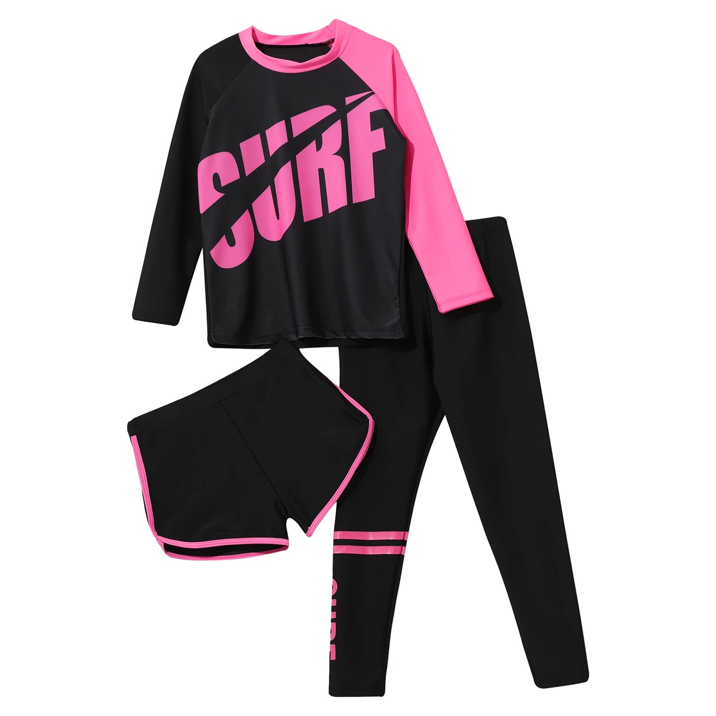 Girls 3-Piece UV Swimsuit Sun Protective Long Sleeve Rash Guard Swimwear Quickly Dry Swimming Shirt Top+Shorts+Pants Outfits