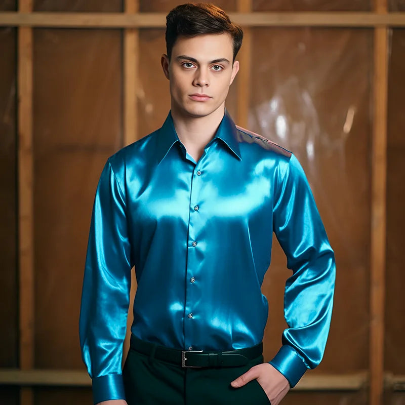 Men Satin Shirts Brand New Mens Dress Luxury Shirts Long Sleeve Casual Social Male Clothes Chemise Homme Shirt S40