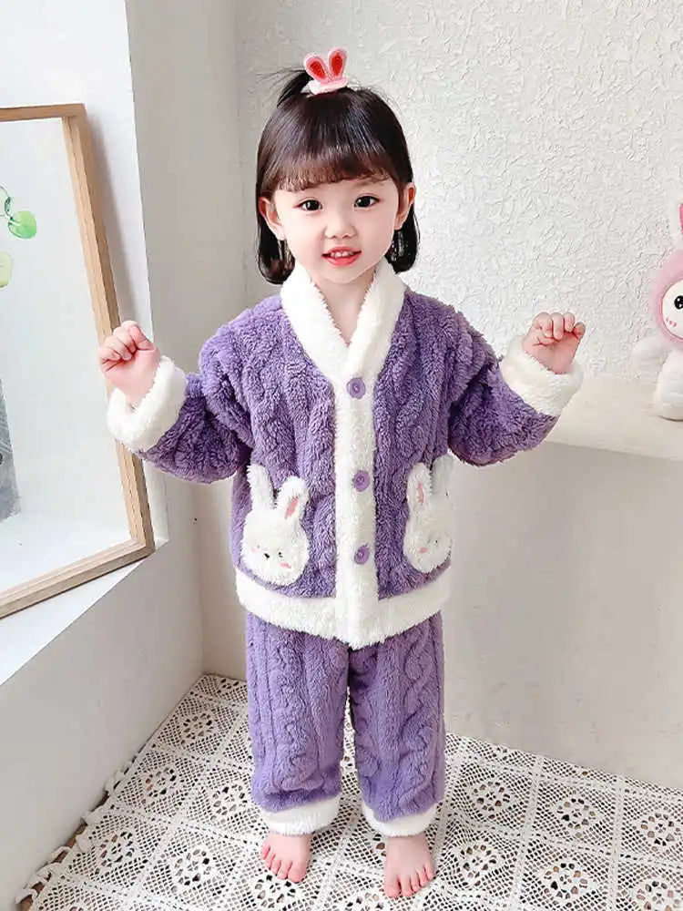 Girls Pajamas Set Autumn and Winter Flannel Children's and Girls' Fleece Thickened Warm Coral Fleece Loungewear Pajama Set
