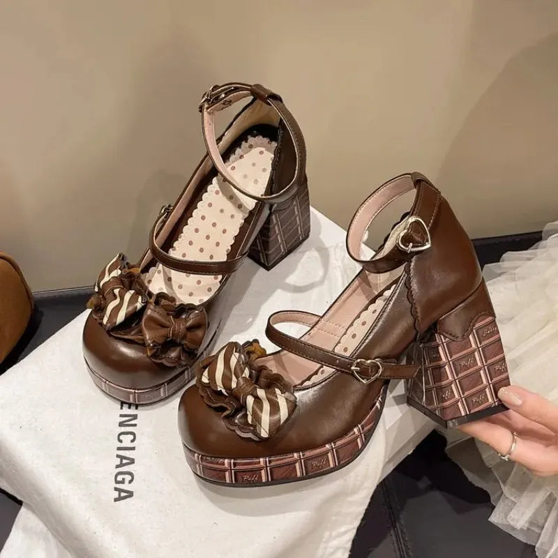 2025 New Sweet Girls Lolita High Heels Platform Shoes Young Women Students Cute Chocolate Candy Bowknots Ankle Strap Mary Jane