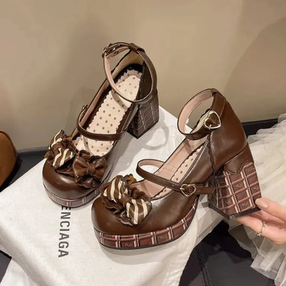 2025 New Sweet Girls Lolita High Heels Platform Shoes Young Women Students Cute Chocolate Candy Bowknots Ankle Strap Mary Jane