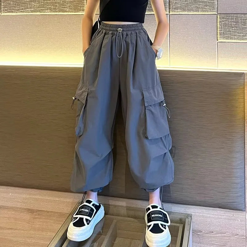 Girls Loose Joggers Pants Teen Casual Straight Trousers Fashion Children Pockets Design Cool Streetwear Big Kids Pants 5-14 Year