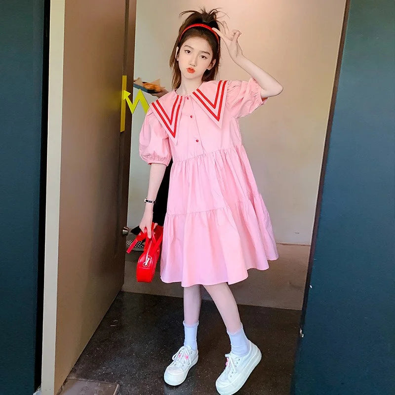 Teens Girls Summer Dress Children Casual Sweet Turn-down Collar Gown Kids Pink Short Sleeves Vestidos New Princess Loose Dresses