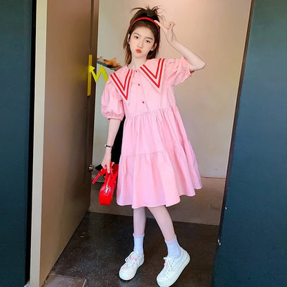 Teens Girls Summer Dress Children Casual Sweet Turn-down Collar Gown Kids Pink Short Sleeves Vestidos New Princess Loose Dresses