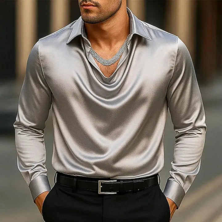 Casual Men Satin Silky Dress Shirts Long Sleeve Social Single Breasted Turn-Down Collar Shirts Wedding Party Men clothes