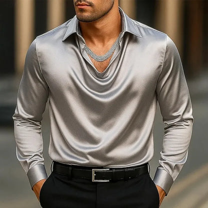 Casual Men Satin Silky Dress Shirts Long Sleeve Social Single Breasted Turn-Down Collar Shirts Wedding Party Men clothes