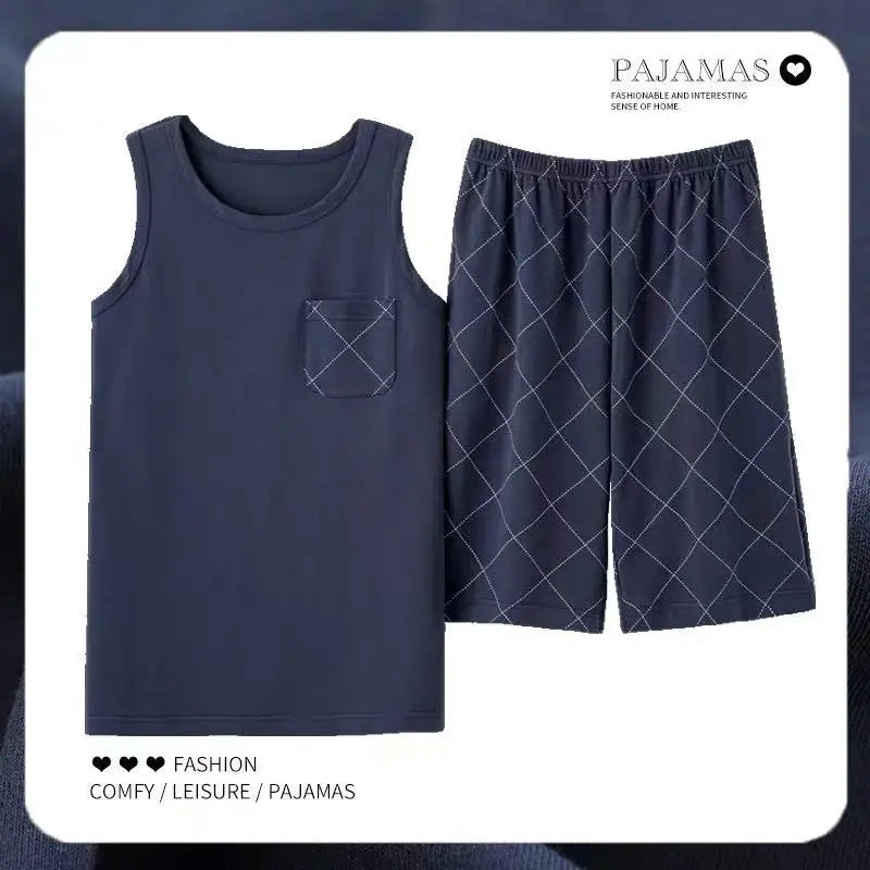 2026 New Men's Pajamas Sets Casual 100% Cotton Home Wear Sleeveless O-Neck Vest and Shorts Two Piece Sets Summer Couple Pajamas