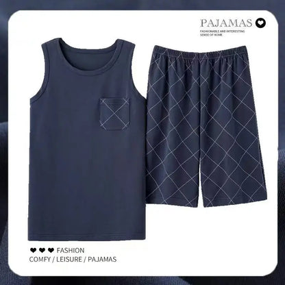 2026 New Men's Pajamas Sets Casual 100% Cotton Home Wear Sleeveless O-Neck Vest and Shorts Two Piece Sets Summer Couple Pajamas