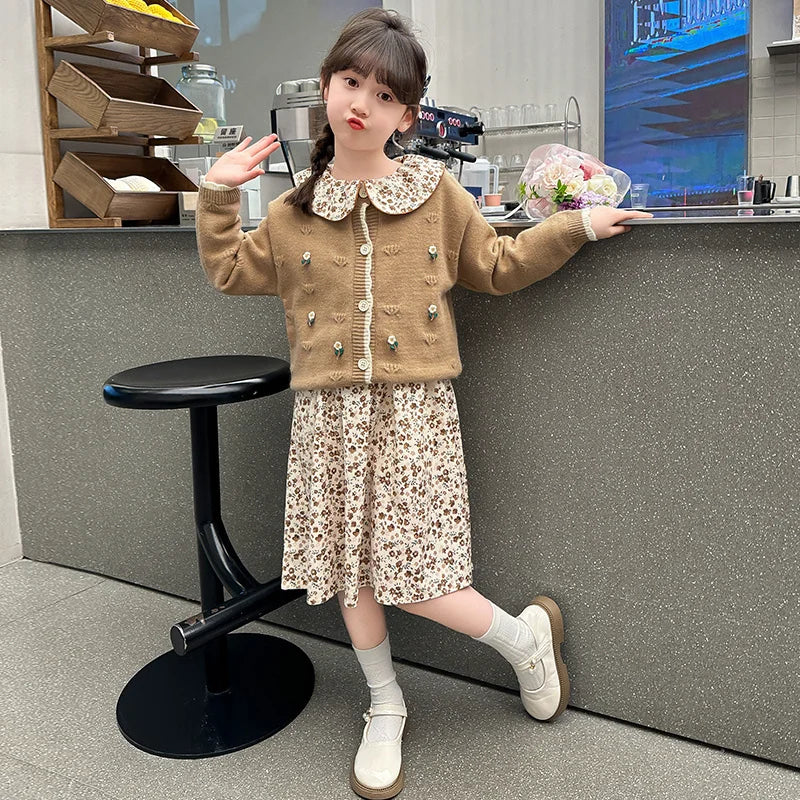 Teen Girls Autumn Outfits Fashion Two-piece Clothes Set Kids Dress with Cadigan Sweater Two Set Children Clothing Suit 4-13 Year
