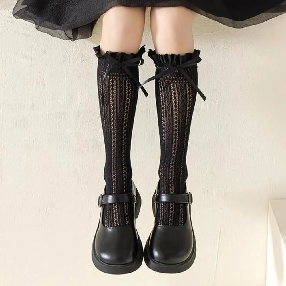 Sweet Girls Long Socks Stockings  Lolita Bowknot Ruffles Knee Socks Women Hollow Out Mesh Fishnet Stockings