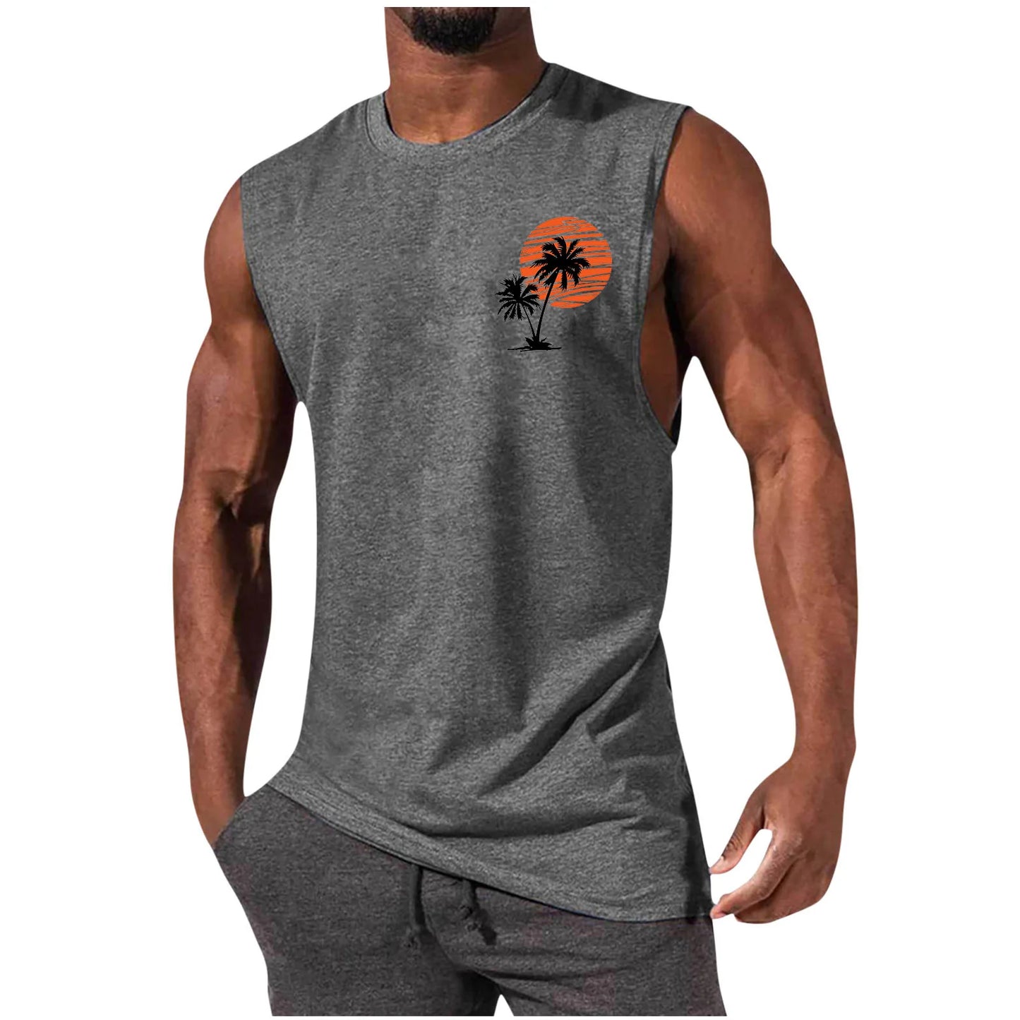 2025 Men's Hawaiian Beach Shirt Tropical Sunset Print Sleeveless Tank Top Palm Tree Vacation Swim Shirt Quick Dry Resort Wear