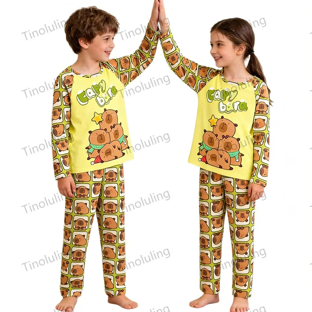Boys Girls Pajamas Sets Kids Toddler 3 to 4 5 6 7 8 9 10 11 12 Years Capybara Pink Brown Long Sleeve Pyjamas Children's Clothing