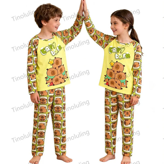 Boys Girls Pajamas Sets Kids Toddler 3 to 4 5 6 7 8 9 10 11 12 Years Capybara Pink Brown Long Sleeve Pyjamas Children's Clothing