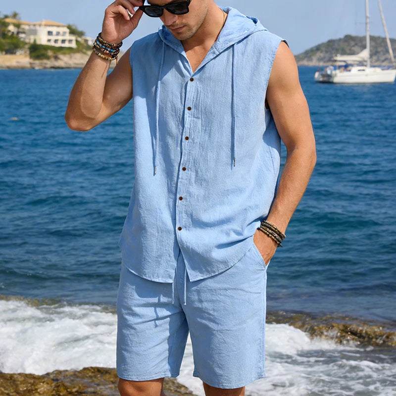 Men's two-piece linen hooded set sleeveless cardigan hoodie & knee-length shorts suitable for casual summer beachwear