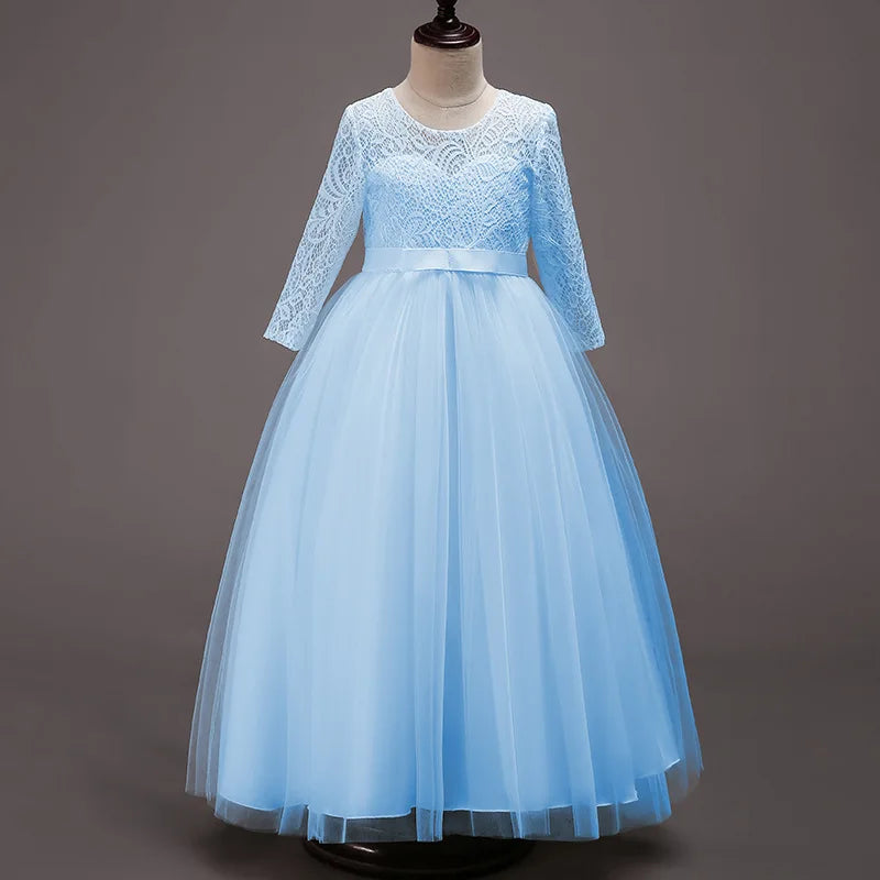 Elegant Dress For Teenage Girl Lace White Long Sleeve Wedding Princess Dresses For Children Prom First Communion Long Puffy Gown
