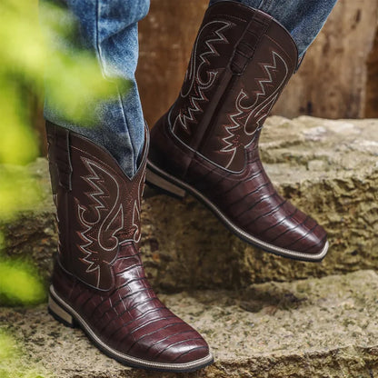 Men Boots Mid Calf Western Cowboy Motorcycle Boots Male Autumn Outdoor PU Leather Totem Med-Calf Boots Retro Designed Men Shoes