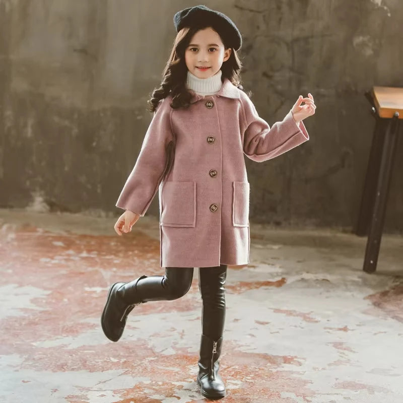 Kids Winter Wool Blend Coats Vintage Fashion Teen Girls Beige Long Jackets Warm Outerwear Thick Jacket Child 6 8 10 12 Years Old