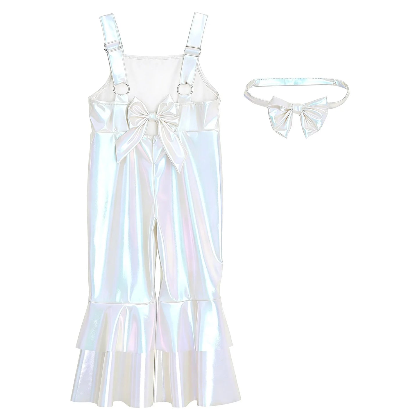 Baby Girls Clothes Birthday Party Metallic Bell Bottoms Romper Djustable Straps Bow Overalls with Headwear Photo Shoot Outfit