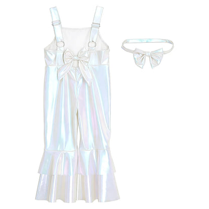 Baby Girls Clothes Birthday Party Metallic Bell Bottoms Romper Djustable Straps Bow Overalls with Headwear Photo Shoot Outfit